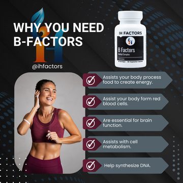 White plastic bottle of B-Factors, a vegetarian dietary supplement.