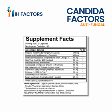 IH Factors Candida-Factors supplement facts label.