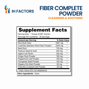 IH Factors Fiber-Complete-Powder supplement facts label.