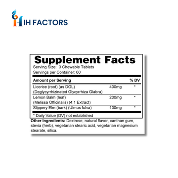 IH Factors Gastric-Soothe-Factors supplement facts label.