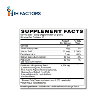 IH Factors Ignite-Pre-Workout supplement facts label.