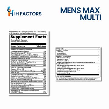 IH Factors Mens-Max-Multi supplement facts label.