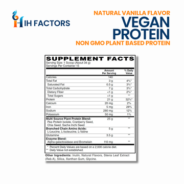 IH Factors  Vegan-Protein-Vanilla-Flavored supplement facts label.