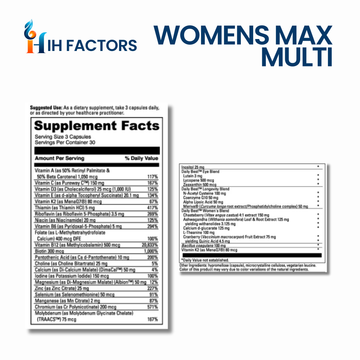 IH Factors Womens-Max-Multi supplement facts label.