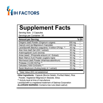 IH Factors Candida-Factors supplement facts label.